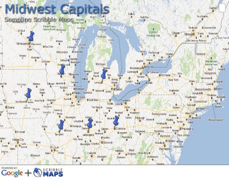 Map with stick pins showing midwest capitol cities